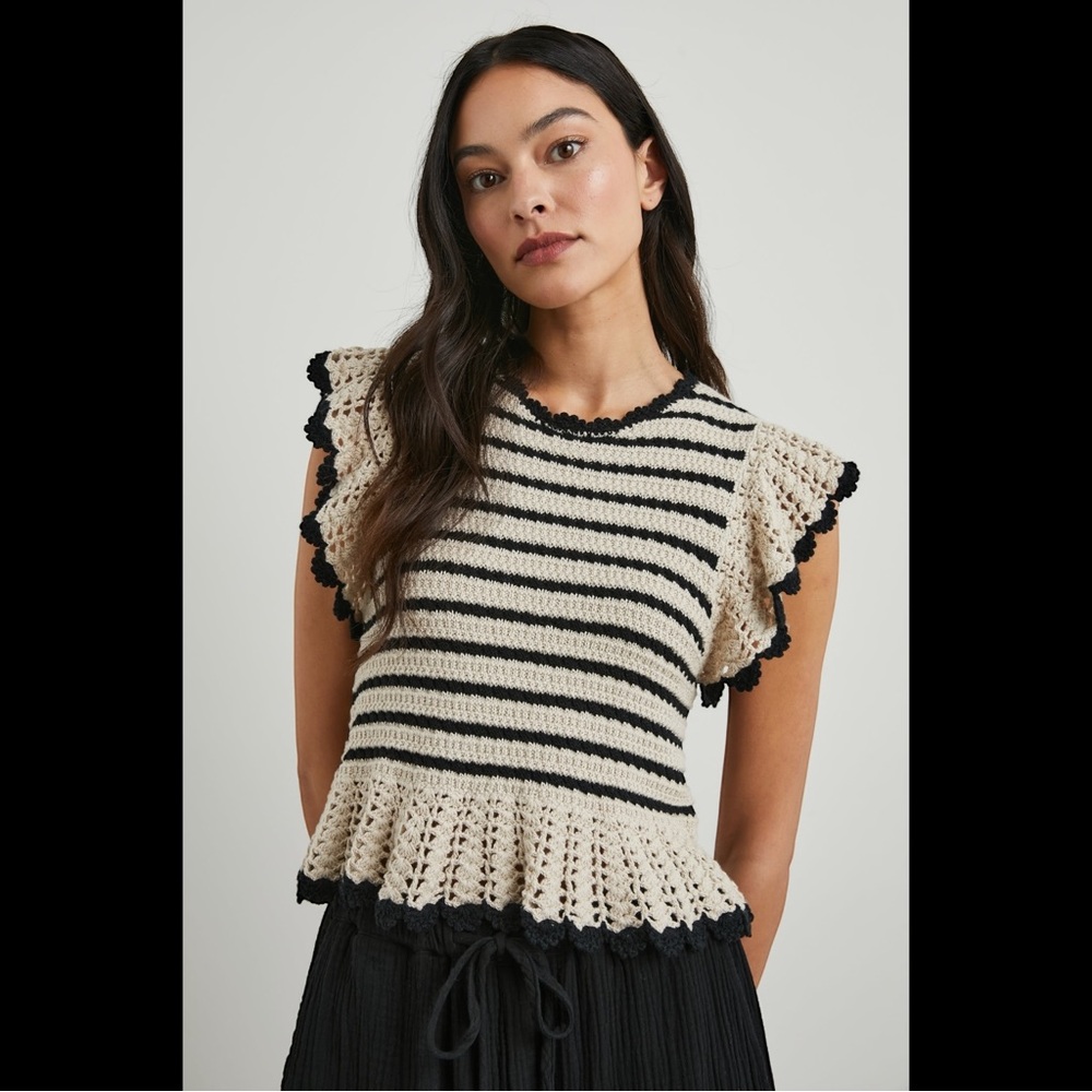 Rails Oatmeal‎ Black Striped Crochet Coen Blouse Large
